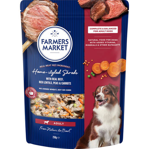 Farmers Market Home-Styled Shreds with Beef Red Lentils Peas and Carrots Chilled Dog Food 250g
