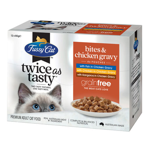 Fussy Cat Twice as Tasty Grain Free Bites & Chicken gravy Wet Cat Food 12x80g