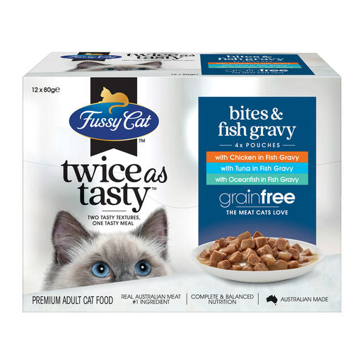 Fussy Cat Twice as Tasty Grain Free Bites & Fish Gravy Wet Cat Food 12x80g