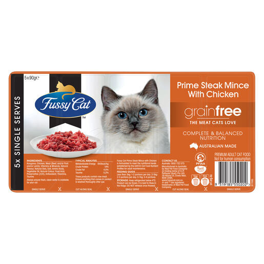 Fussy Cat Grain Free Prime Steak Mince with Chicken Chilled Cat Food 5 x 90g