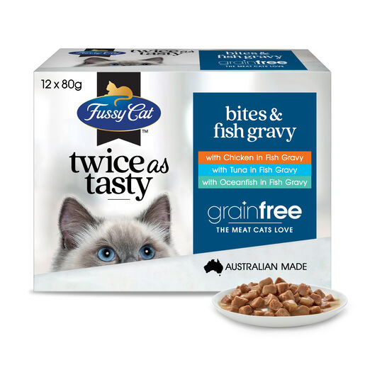 Fussy Cat Twice as Tasty Grain Free Bites & Fish Gravy Wet Cat Food 12x80g