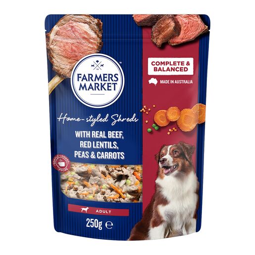 Farmers Market Home-Styled Shreds with Beef Red Lentils Peas and Carrots Chilled Dog Food 250g