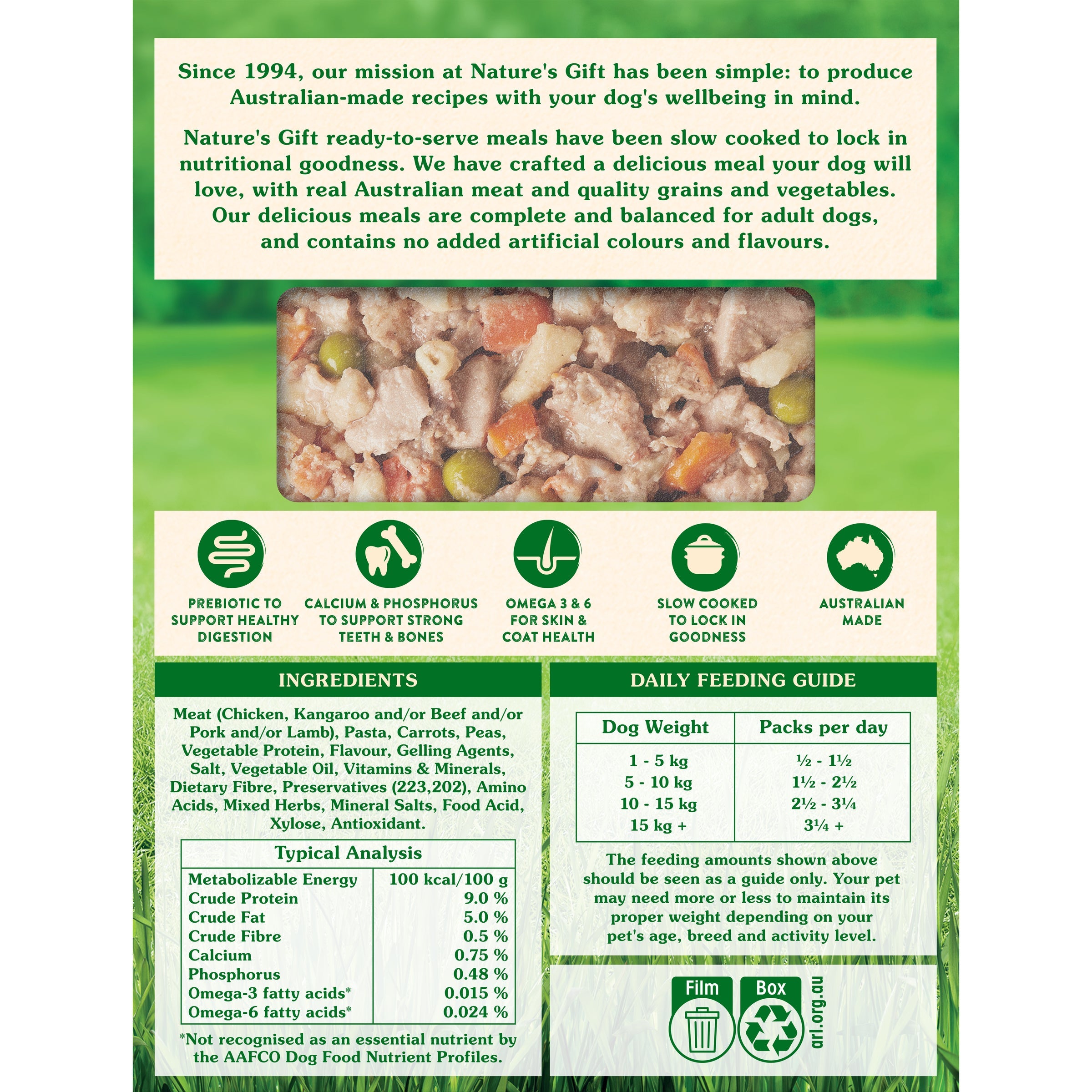 Nature's Gift Slow Cooked Chicken, Pasta, Carrot & Peas, Ready to Serve Meal, Chilled Dog Food 2x 220g