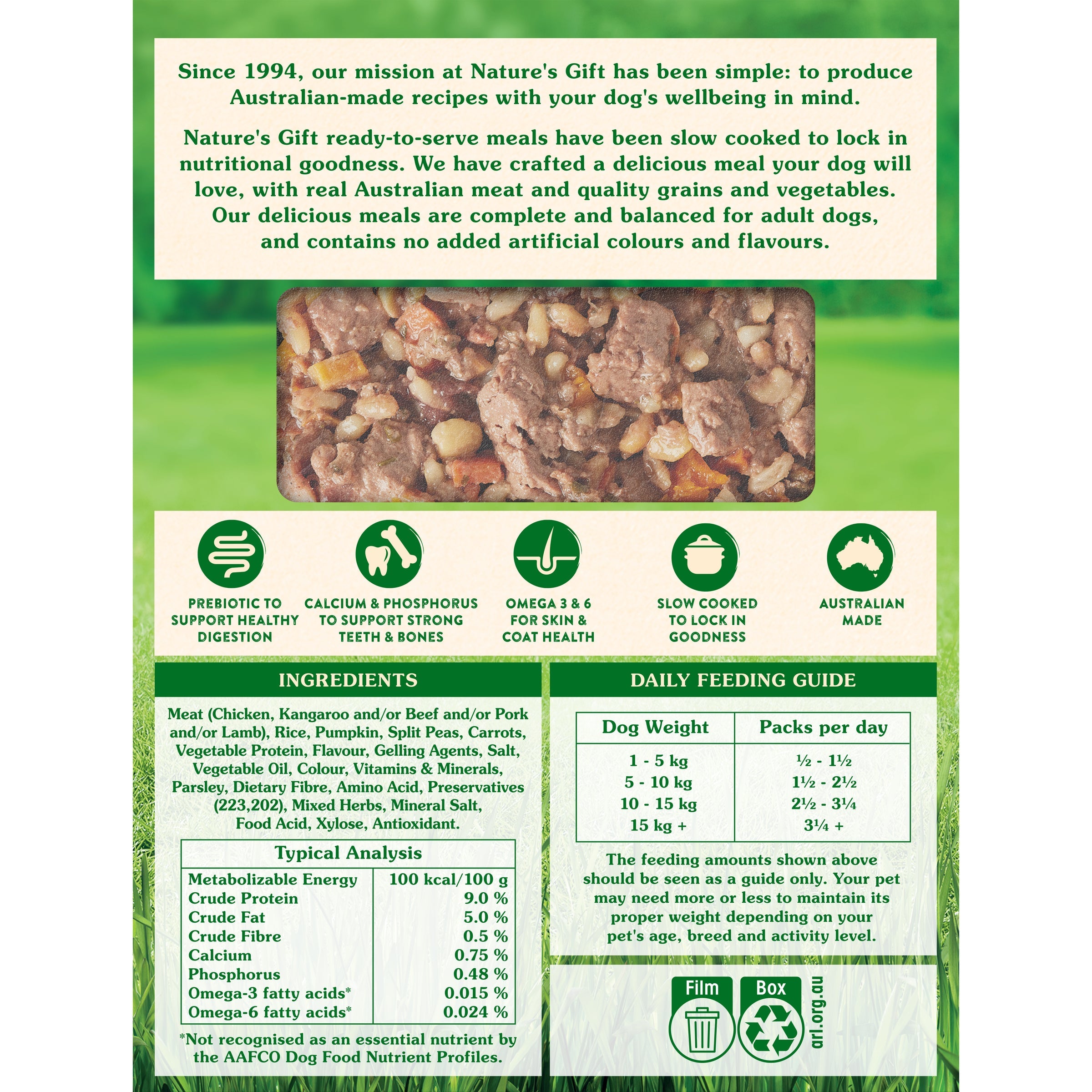 Nature's Gift Slow Cooked With Beef, Rice, Pumpkin & Split Peas, Ready to Serve Meal, Chilled Dog Food 2x 220g